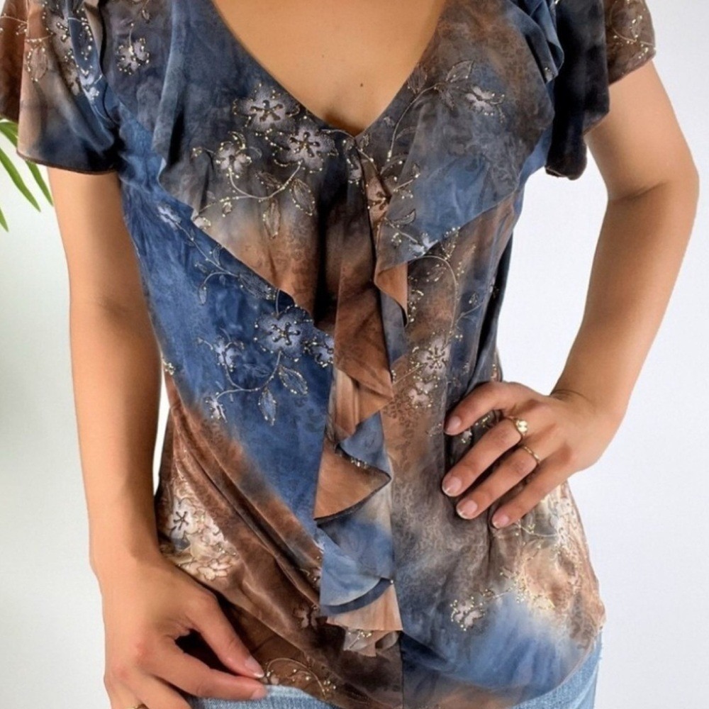 Dressbarn Women's Size S Sheer Floral Cheetah Print Ruffle Blouse Top